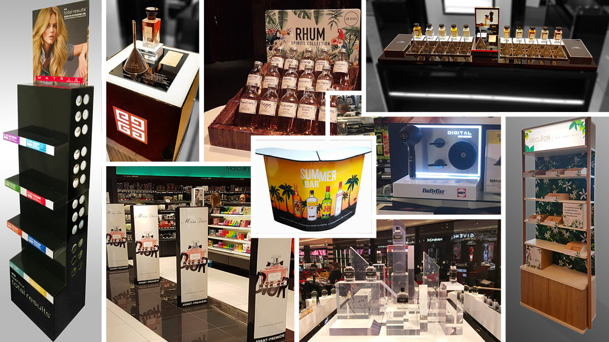 PLV Bois, Corner Événementiel, Glorifier, Présentoir Rétro-éclairé, Présentoir de comptoir, PLV Parfum, PLV Carton, Présentoir de Gamme, Présentoir de dégustation