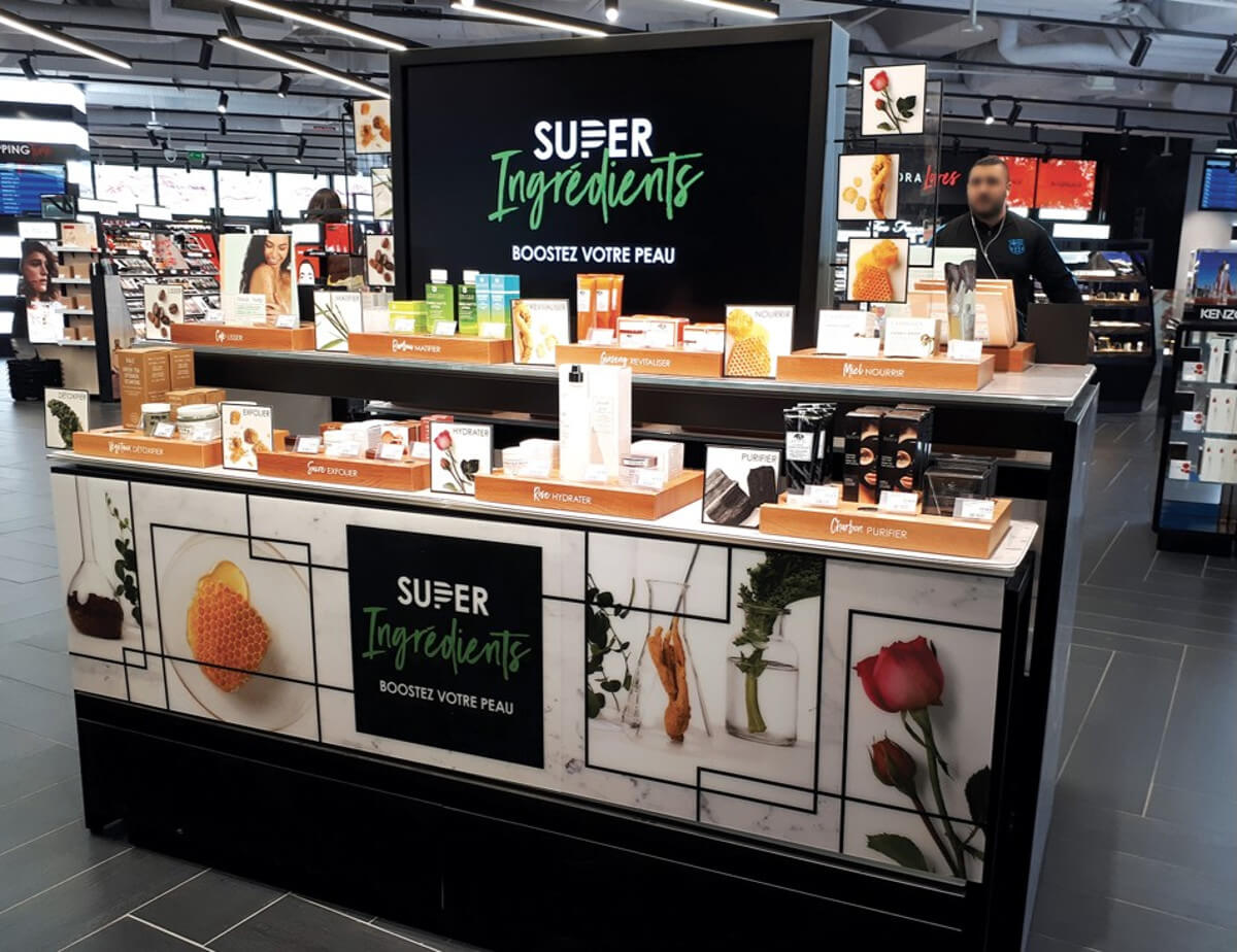 PLV cosmétique - PLV Sephora Super Ingrédients théâtralisation, événementielle, plv carton, habillage, Eco conception, plv bois, multi matériaux