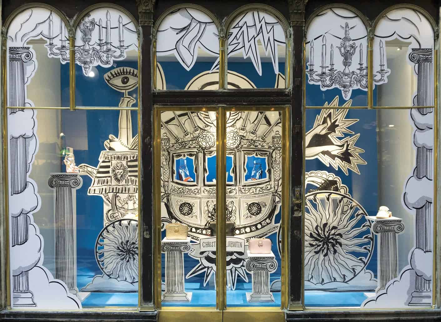 Habillage vitrine Louboutin Paris bleu chariot dessiné Mayence