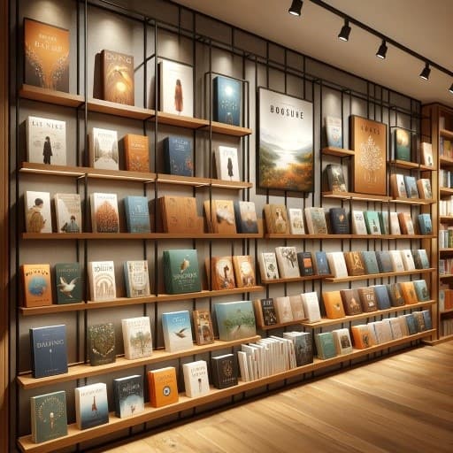 Présentoir Mural de Mayence pour une librairie qui met en avant une variété de livres. Les étagères à hauteur des yeux facilitent la navigation et la sélection des ouvrages, tandis que le design en bois chaud complète l'atmosphère cosy du lieu