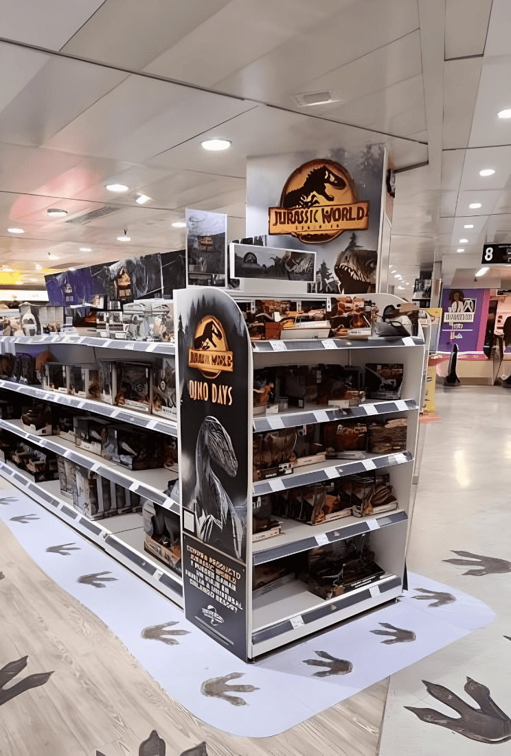 mobilier linéaire conçu par Mayence pour une grande surface pour vendre les produits dérivés du film Jurassic World