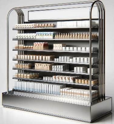 Mobilier linéaire conçu par Mayence pour la présentation de produits alimentaires dans un supermarché, matériaux en acier inoxydable et verre trempé