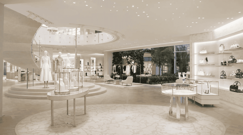 magasin Dior agencé de façon épuré avec des couleurs neutres pour refléter l’image de marque grâce à son mobilier commercial réfléchi