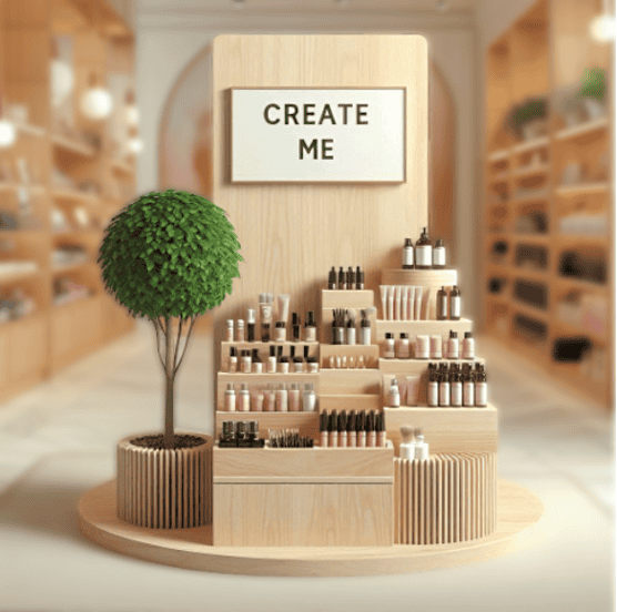 exemple de création de PLV en bois pour des produits de cosmétiques