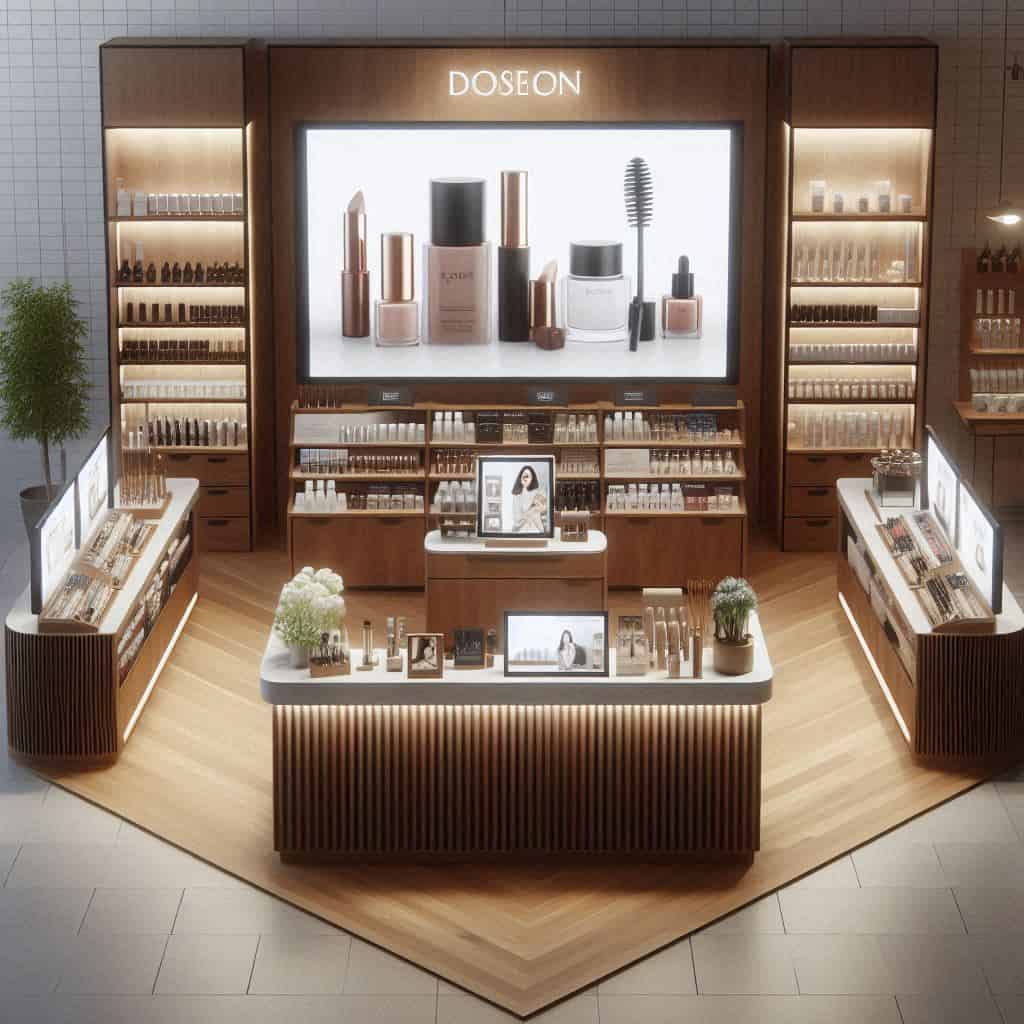 Exemple de pop up avec des meubles îlot pour la mise en avant d'une marque de cosmétique
