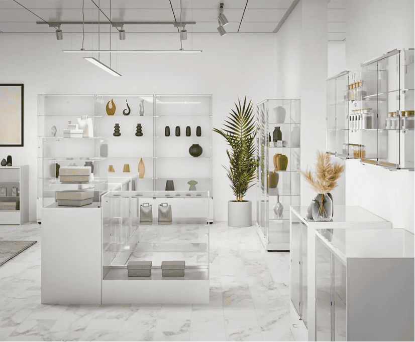 Étude par Mayence d’un magasin avec du mobilier retail en verre