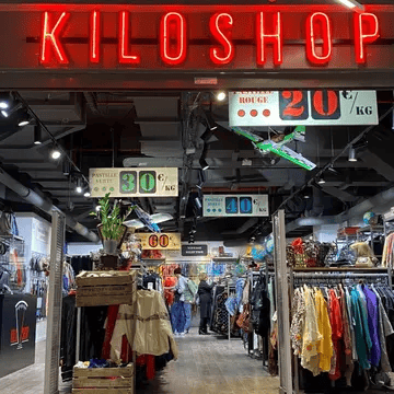Alt description : Section vintage dans un magasin de seconde main, décorée avec un style rétro et des affiches